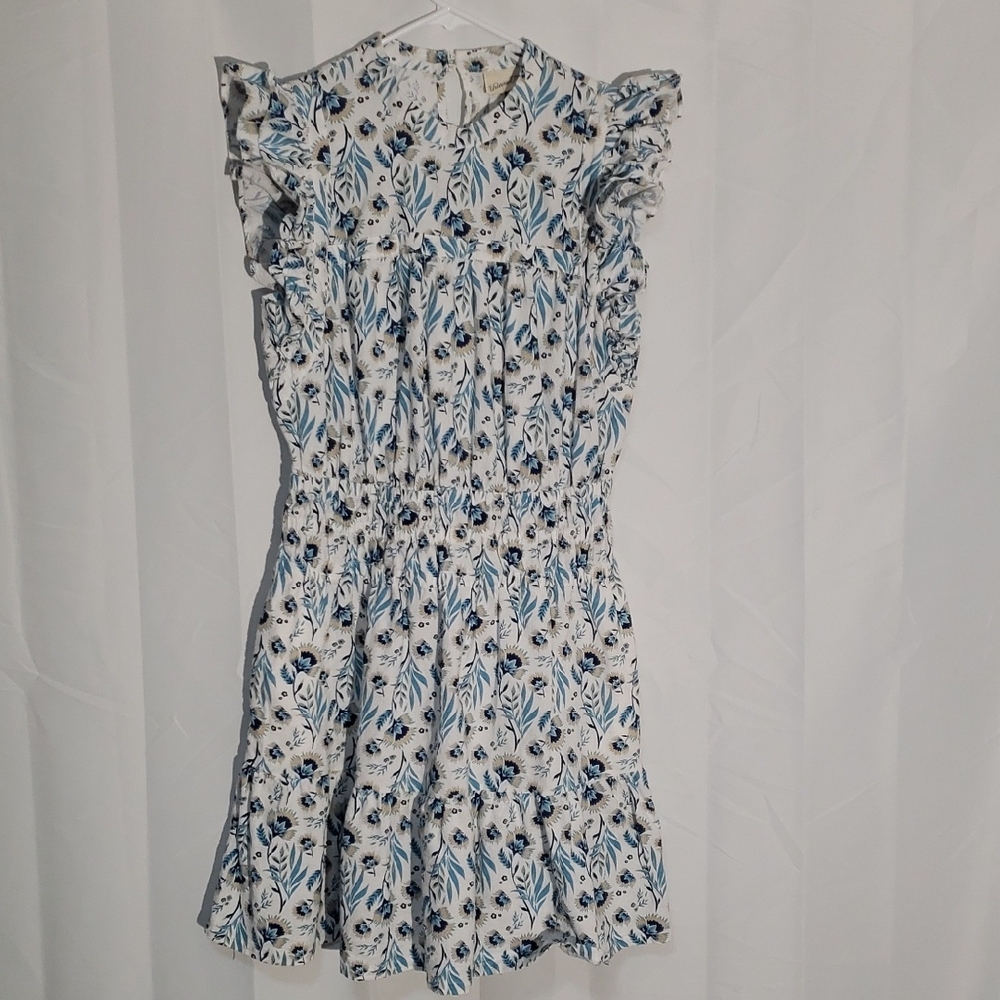 Floral Ruffle Sleeve Blue & White Women's Dress Cotton Linen Medium Midi